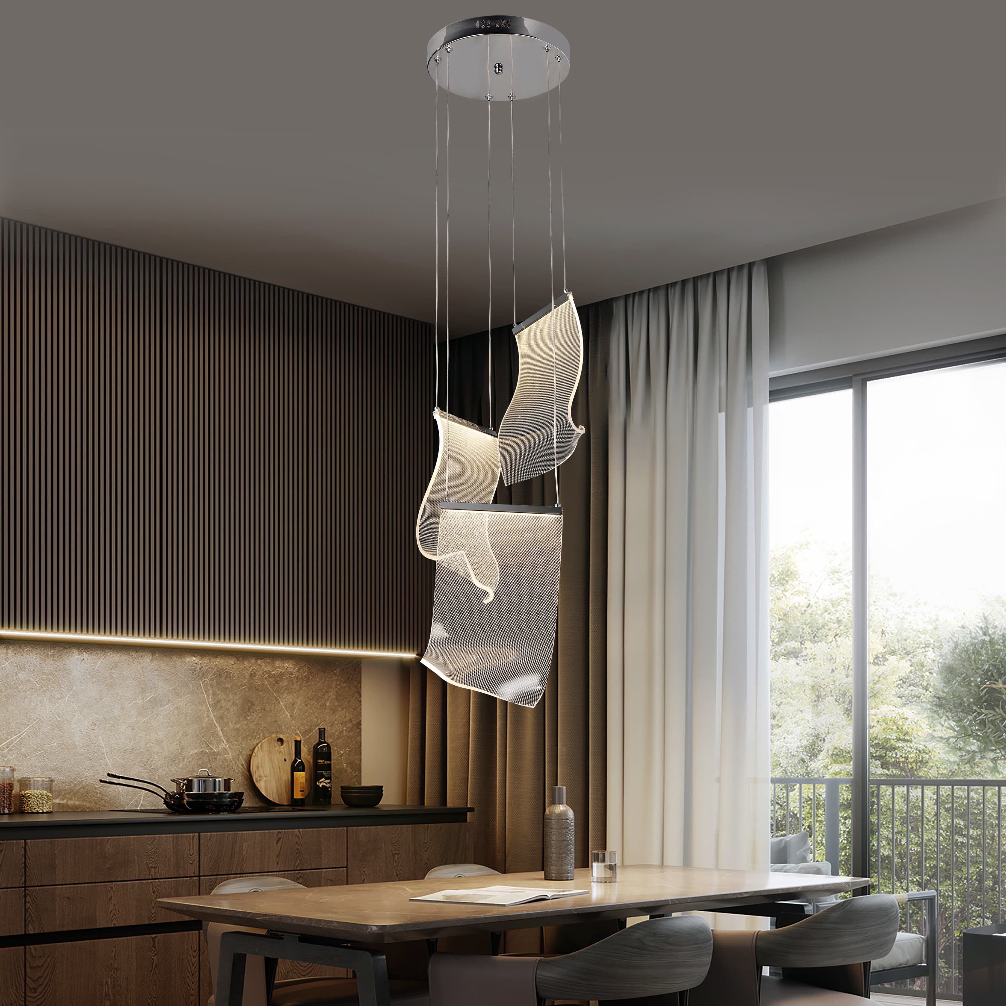 LIFE LED™ Abstract three sheets LED Pendant Light chandelier with chrome finish small size for kitchen bar , living room , bedroom and hallway . Visit Viva led for more new led chandeliers style .